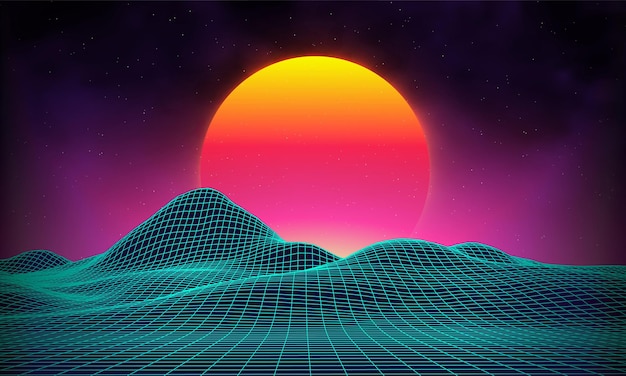 Fondo retro paisaje futurista estilo años 80 Paisaje retro digital superficie cibernética Plantilla de portada de álbum de música retro sol espacio montañas Años 80 Fondo de ciencia ficción retro Paisaje de verano