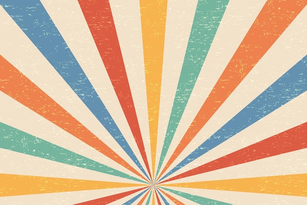 Fondo retro vintage en estilo de los años 60 y 70 con rayos multicolores y textura grunge