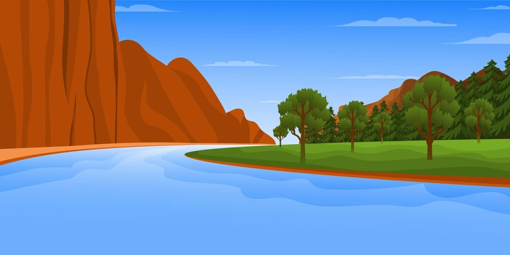 Vector fondo de río plano que retrata la noche en árboles y colinas