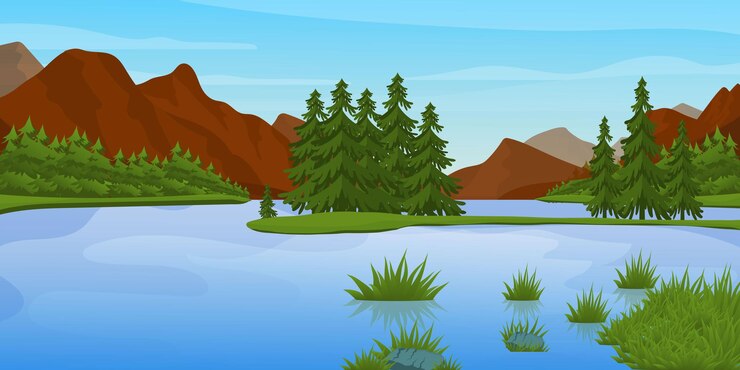 Vector fondo de río plano que retrata la noche en árboles y colinas