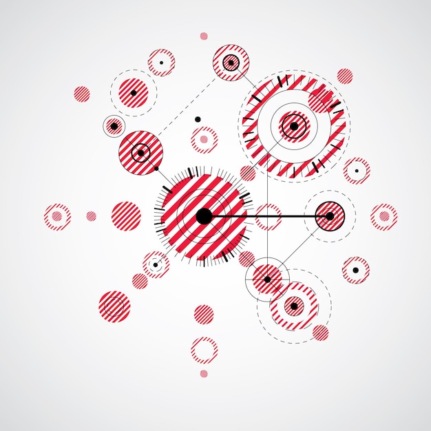 Fondo rojo abstracto Vector Bauhaus hecho con cuadrícula y elementos geométricos simples superpuestos, círculos. Ilustraciones retro, plantilla gráfica de estilo tecnológico para afiches publicitarios.