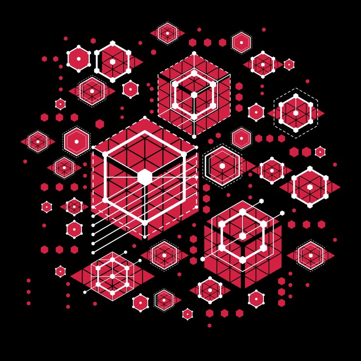 Vector fondo rojo abstracto vector bauhaus hecho con rejilla y elementos geométricos superpuestos, círculos y panales rayados. ilustraciones retro, plantilla gráfica de estilo tecnológico para afiches publicitarios.