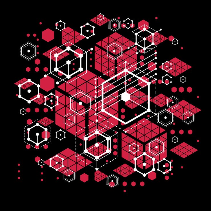 Vector fondo rojo abstracto vectorial creado en estilo retro bauhaus. la composición geométrica moderna se puede utilizar como plantillas y diseños. papel pintado tecnológico de ingeniería hecho con panales.