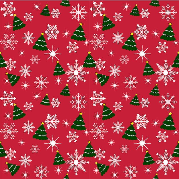 un fondo rojo con árboles de Navidad y copos de nieve
