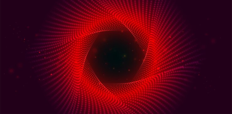 Vector fondo rojo arremolinado de pequeñas partículas brillantes túnel retorcido redondo infinito de bengalas brillantes fondo de ciencia ficción