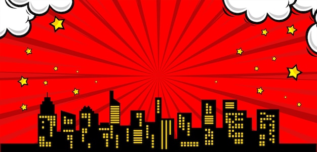 Vector fondo rojo cómico con silueta de ciudad e ilustración de estrella