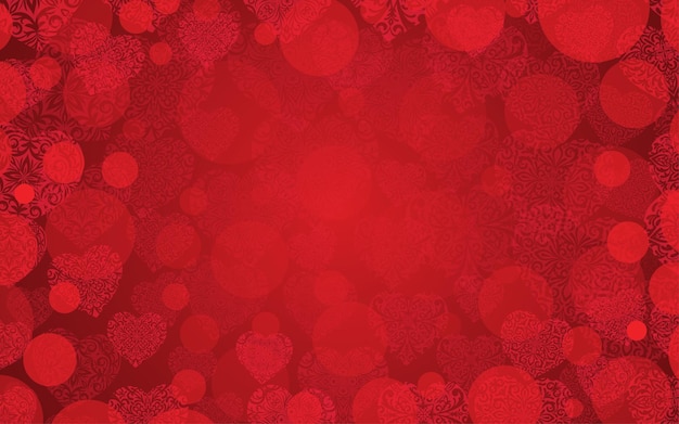 Fondo rojo del Día de San Valentín Diseño romántico de amor con corazones de mandala de encaje y bokeh