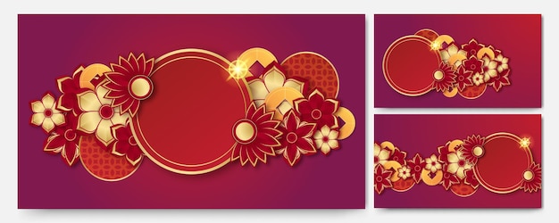 Fondo rojo y dorado universal de china china con linterna, flor, árbol, símbolo y patrón. plantilla de fondo chino cortado en papel rojo y dorado