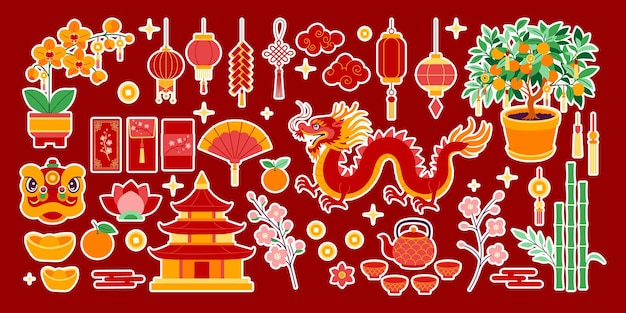 Un fondo rojo con un dragón y otros símbolos chinos