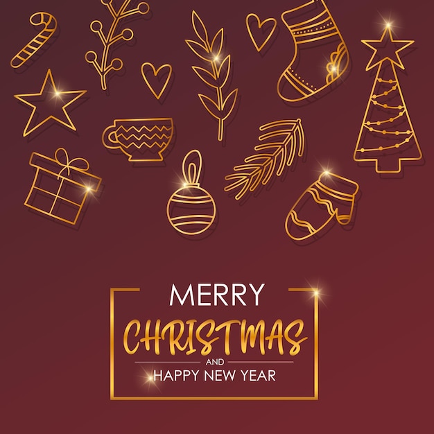 Fondo rojo de Navidad con adornos dorados. Tarjeta de felicitación de Navidad elegante.