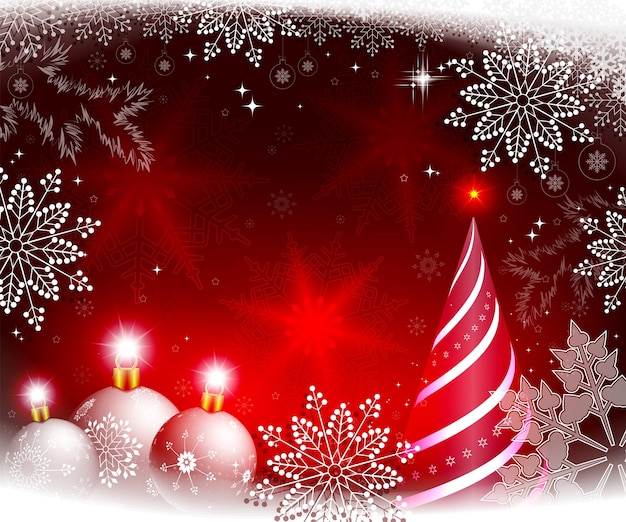 Fondo rojo de Navidad con bolas blancas y un árbol de Navidad abstracto