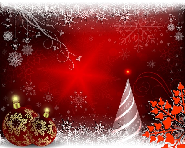 Fondo rojo de navidad con bolas de navidad de abeto burdeos y un copo de nieve rojo