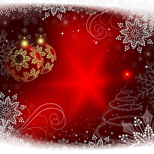 Fondo rojo de Navidad con bolas rojas y un árbol de Navidad