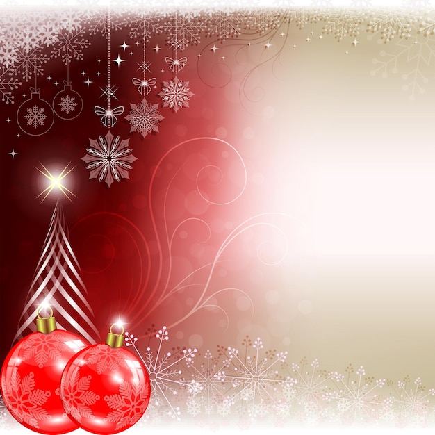 Fondo rojo de Navidad con bolas y silueta de árbol de Navidad