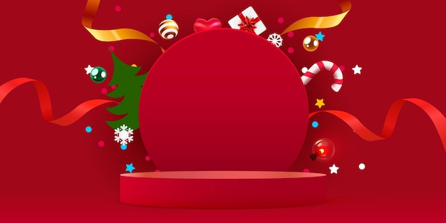 Fondo rojo de Navidad de invierno con podio redondo y decoraciones navideñas
