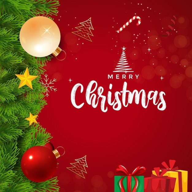 Fondo rojo de Navidad con regalo de árbol de Navidad diseño vectorial de bola roja dorada