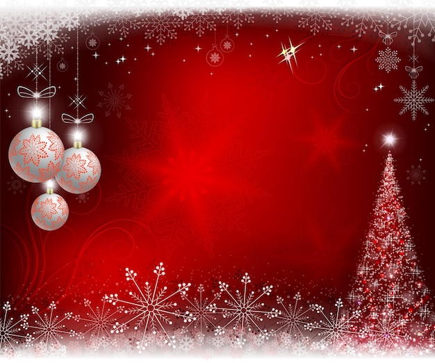 Fondo rojo navideño con abeto y con bolas con copos de nieve