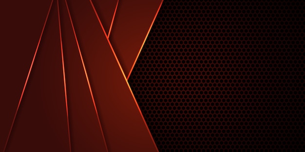 Vector fondo rojo oscuro de fibra de carbono hexagonal con líneas luminosas rojas y reflejos.