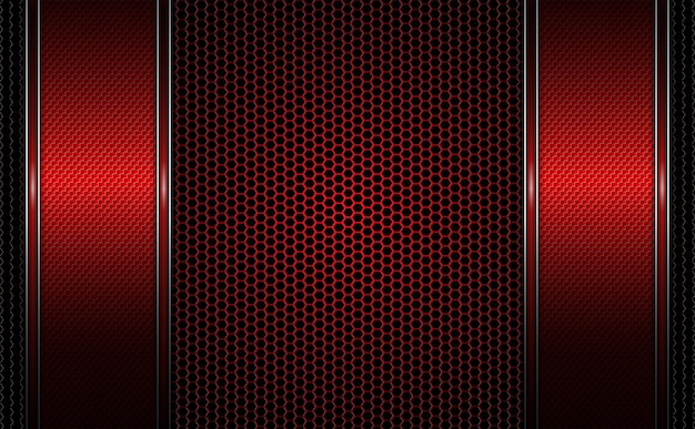 Vector fondo rojo oscuro geométrico con rejilla metálica y dos marcos rojos texturizados con ribete