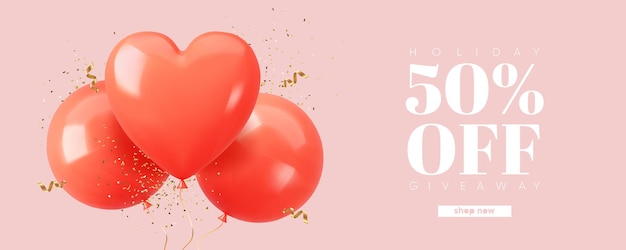 Fondo romántico del día de san valentín con globos renderizados en 3d ilustración vectorial