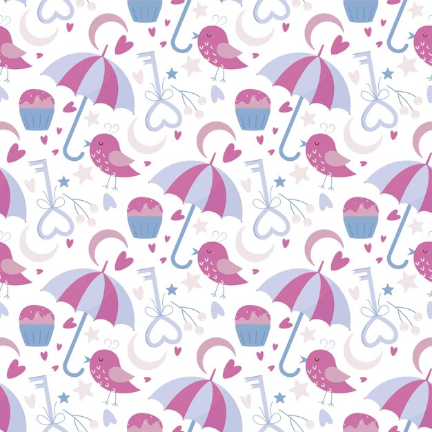fondo romántico con sombrillas y pájaros