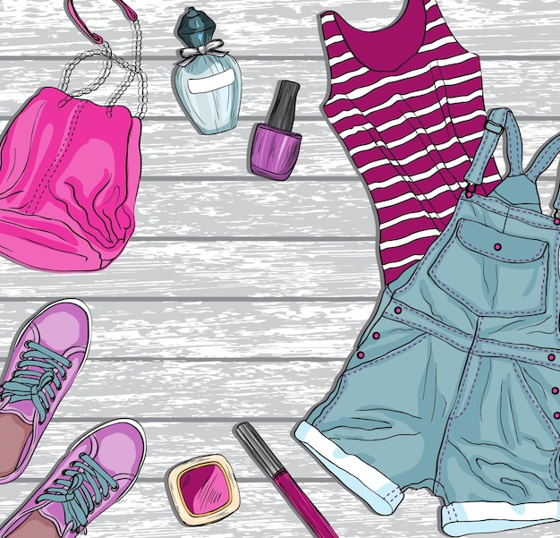 Vector fondo con ropa y accesorios de moda femenina.