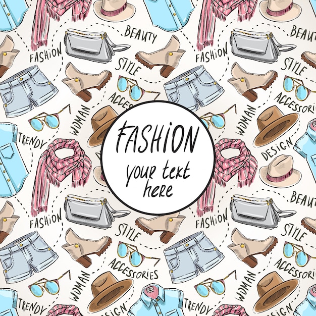 Fondo con ropa y accesorios de mujer y lugar para el texto. ilustración dibujada a mano