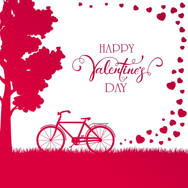 Fondo rosa con árbol y bicicleta. Letras Feliz Día de San Valentín. La ilustración con la decoración de San Valentín se puede utilizar para el diseño de vacaciones, carteles, tarjetas, sitios web, pancartas.