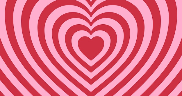 Fondo rosa corazón horizontal túnel en forma de amor color rojo patrón romántico ilustrado vectorial retro de moda en el estilo de los años 60 70