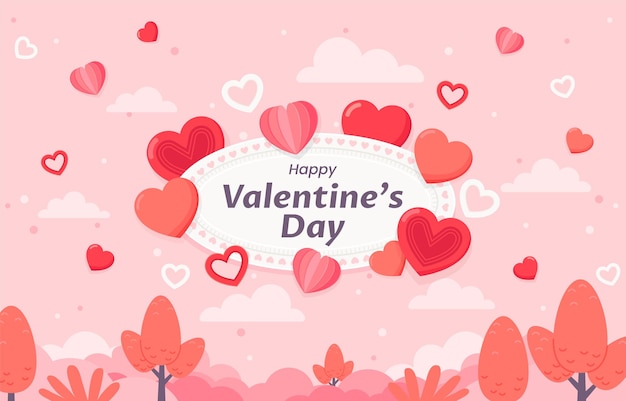 un fondo rosa con corazones y un marco con las palabras felices de San Valentín