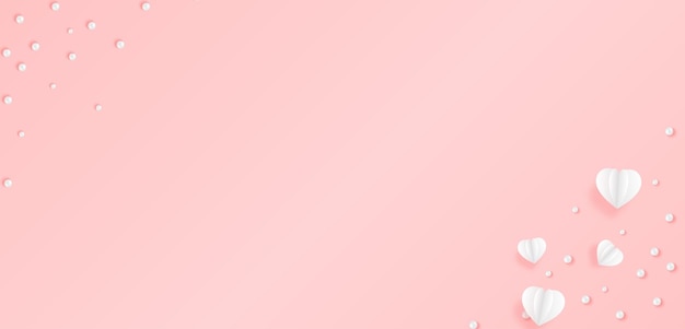 Fondo rosa con corazones y perlas blancas estilo minimalista Vista superior