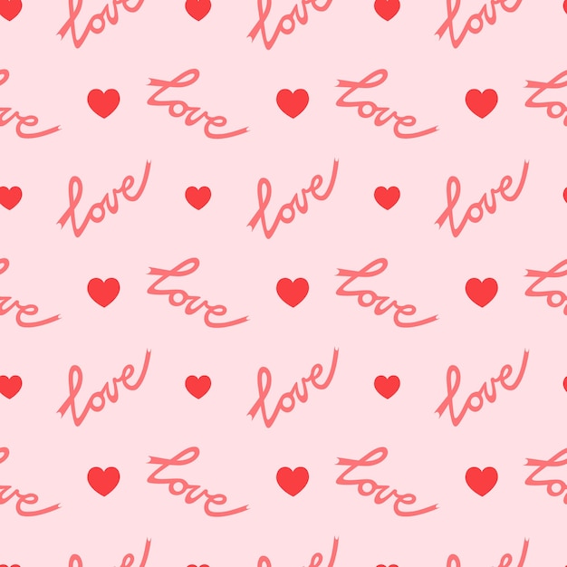 Vector un fondo rosa con corazones rojos y la palabra amor escrita en él.