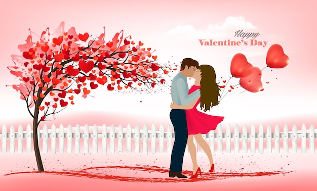 Fondo rosa del día de San Valentín. Árbol con hojas en forma de corazón y pareja enamorada de globos rojos. Vector
