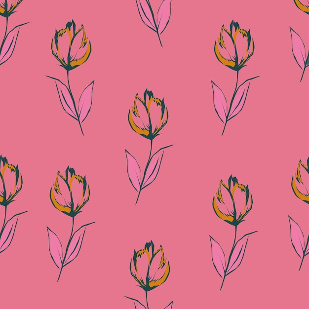 un fondo rosa con flores y hojas amarillas