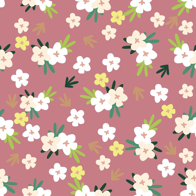un fondo rosa con flores y hojas blancas y amarillas