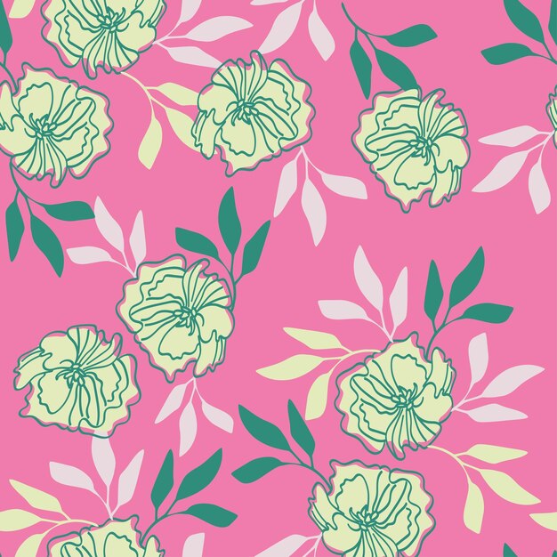 un fondo rosa con flores y hojas verdes y amarillas