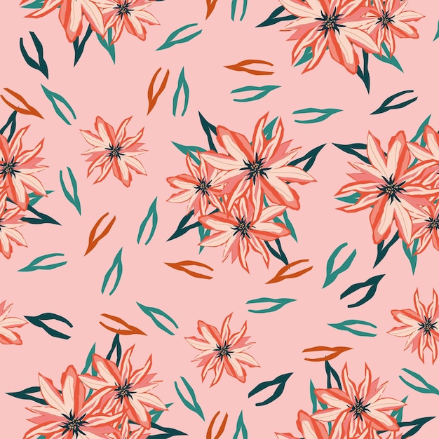 un fondo rosa con flores y hojas