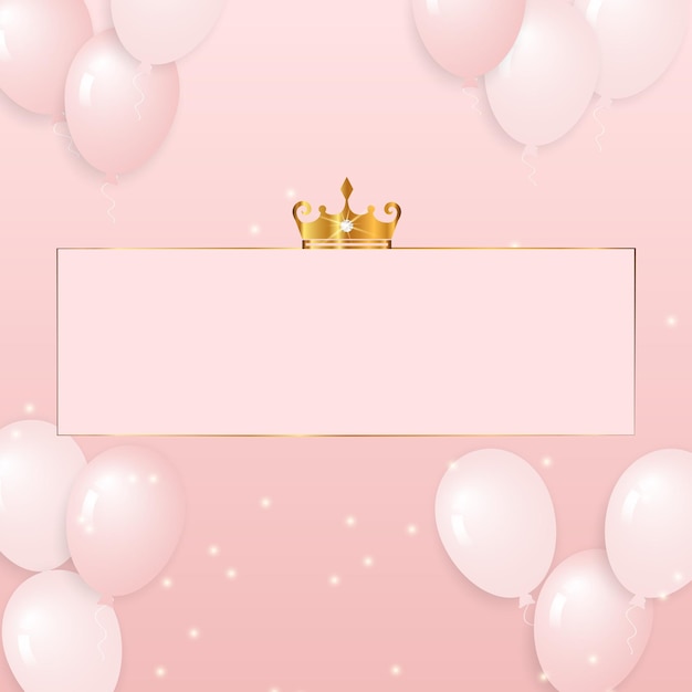 Fondo rosa con globos y corona de brillo de marco dorado en ilustración vectorial