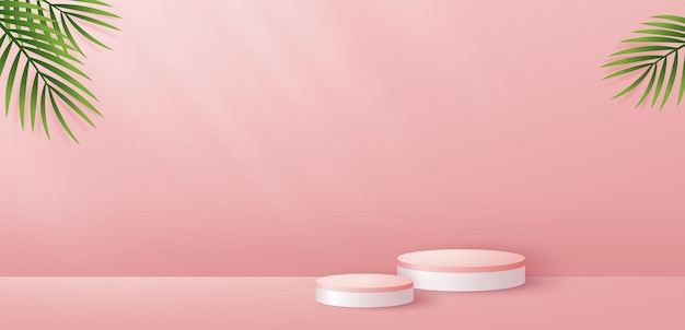Vector fondo rosa con hojas de palma de papel y soporte o podio para presentación de productos, embalaje de marca y promoción, diseño de ilustraciones vectoriales