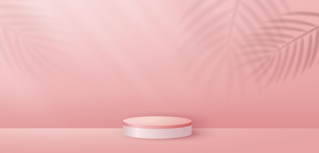 Fondo rosa con hojas de palma de papel y soporte o podio para presentación de productos, embalaje de marca y promoción, diseño de ilustraciones vectoriales