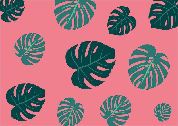 un fondo rosa con hojas verdes y un fondo rosa
