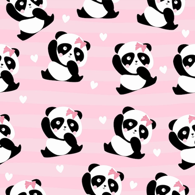 Un fondo rosa con un oso panda con un lazo en la cabeza.