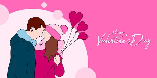 Un fondo rosa con una pareja de mujeres sosteniendo globos y las palabras el día de san valentín