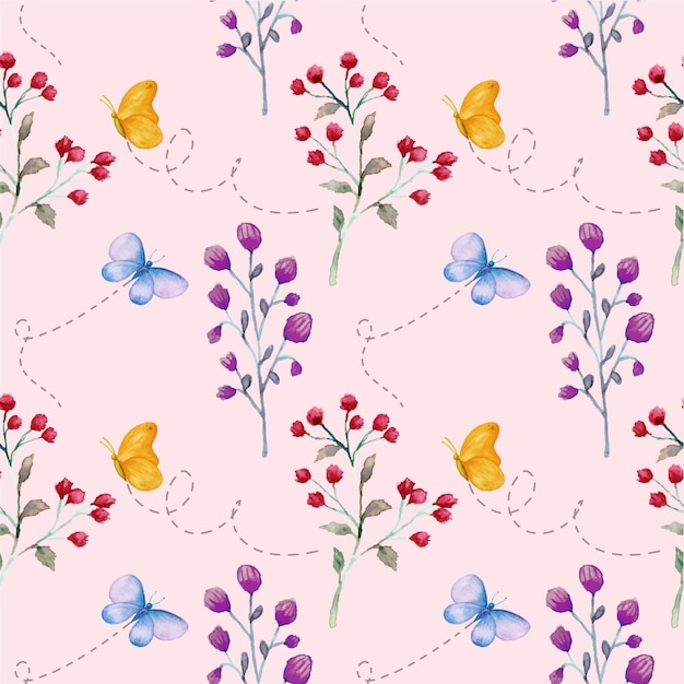 Un fondo rosa con un patrón de mariposas y flores.