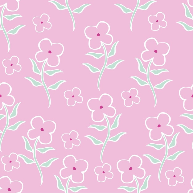 un fondo rosa con unas pocas flores y un tallo verde