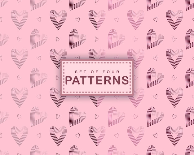 fondo rosa de san valentín, conjunto de cuatro patrones conjunto púrpura, fondo de corazón púrpura patrón sin costuras