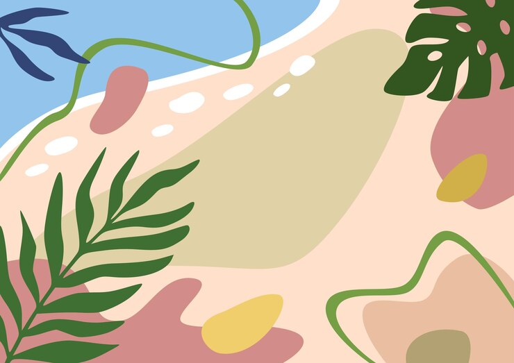 un fondo rosa y verde con palmeras y una escena de playa