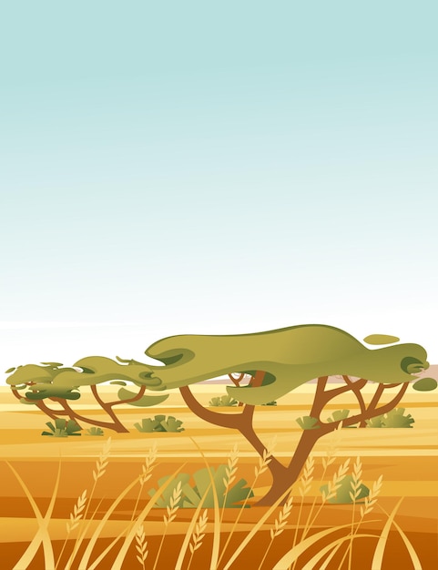 Fondo de sabana de paisaje con cielo despejado hierba amarilla y árbol verde ilustración de vector plano estilo de dibujos animados diseño vertical