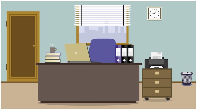 Fondo de sala de oficina con mesa de trabajo portátil para fondo de animación de dibujos animados.