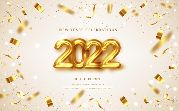 Fondo de saludo de feliz año nuevo 2022 con lazo dorado. Vector ilustración de Navidad.